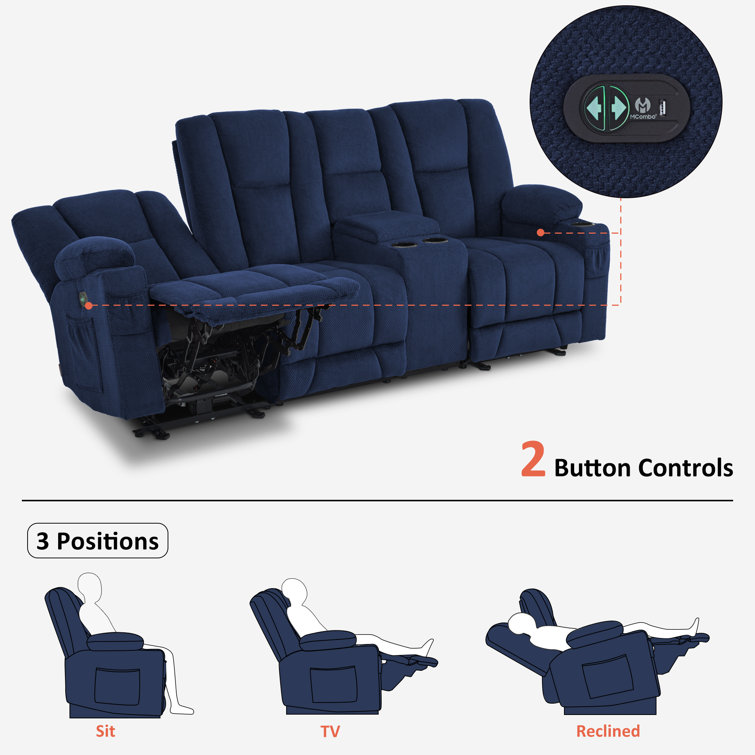 Navy Blue Polyester Blend Reclining Sofa with Cup Holders