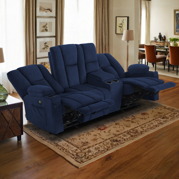 Navy Blue Polyester Blend Reclining Sofa with Cup Holders