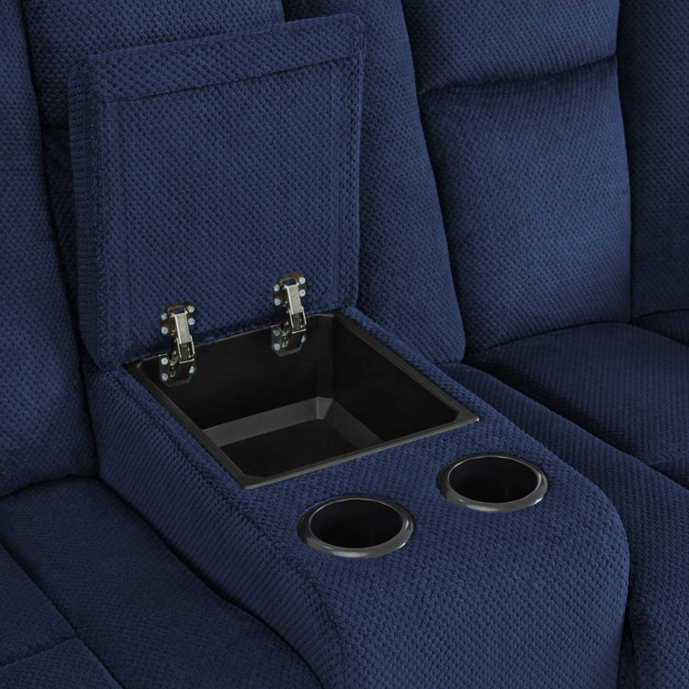 Navy Blue Polyester Blend Reclining Sofa with Cup Holders