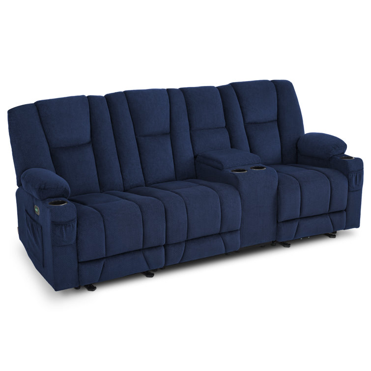 Navy Blue Polyester Blend Reclining Sofa with Cup Holders
