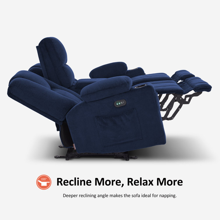 Navy Blue Polyester Blend Reclining Sofa with Cup Holders