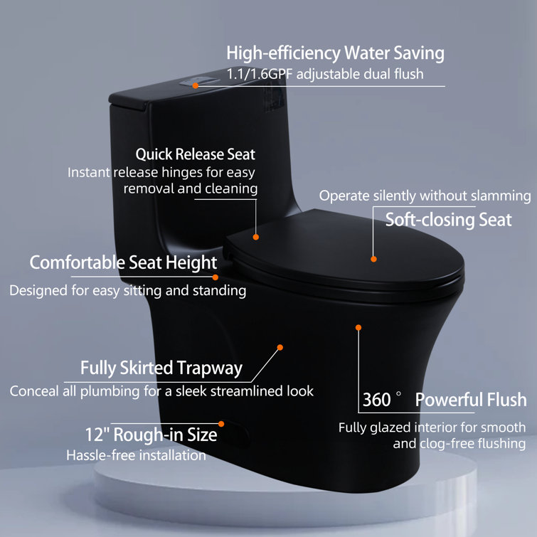 Matte Black Ceramic Dual-Flush Elongated One-Piece Toilet