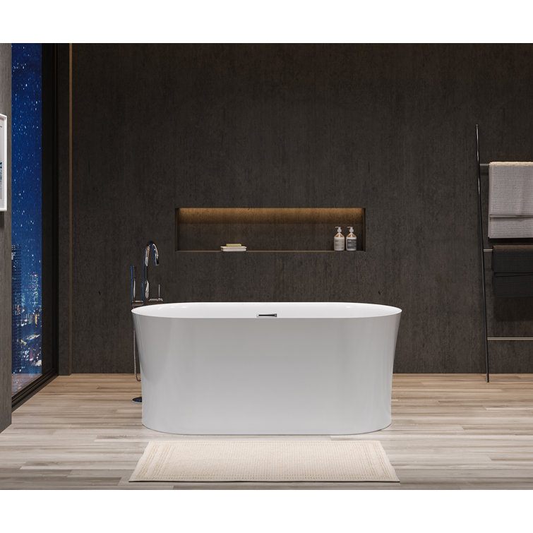 59" White Acrylic Freestanding Oval Soaking Bathtub