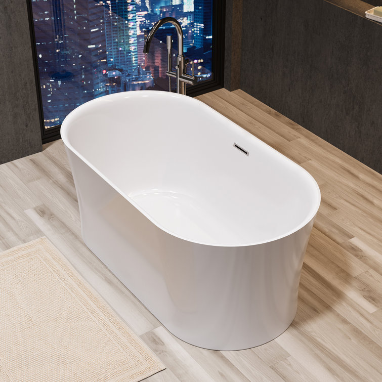 59" White Acrylic Freestanding Oval Soaking Bathtub