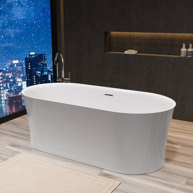 67" White Acrylic Freestanding Oval Soaking Bathtub