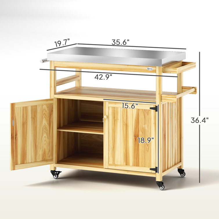 Natural Wood Outdoor Grill Cart with Stainless Steel Top and Storage