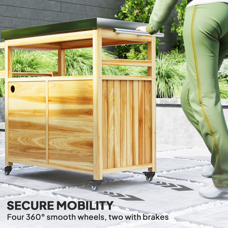 Natural Wood Outdoor Grill Cart with Stainless Steel Top and Storage