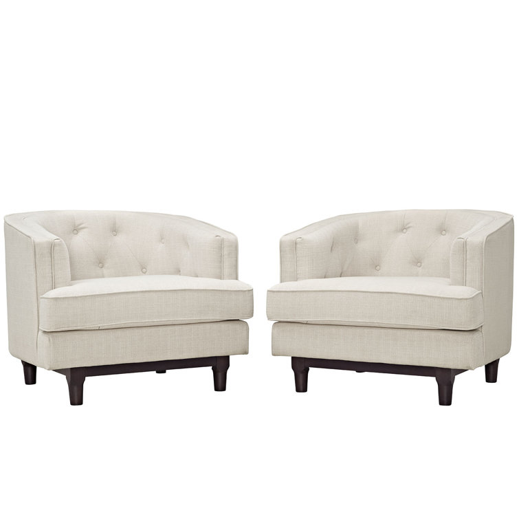 Beige Barrel Polyester Armchair with Walnut Legs