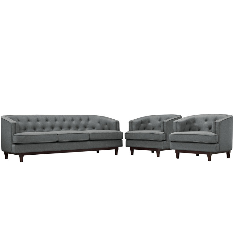 Gray Velvet Button-Tufted Sofa and Chair Set with Walnut Legs