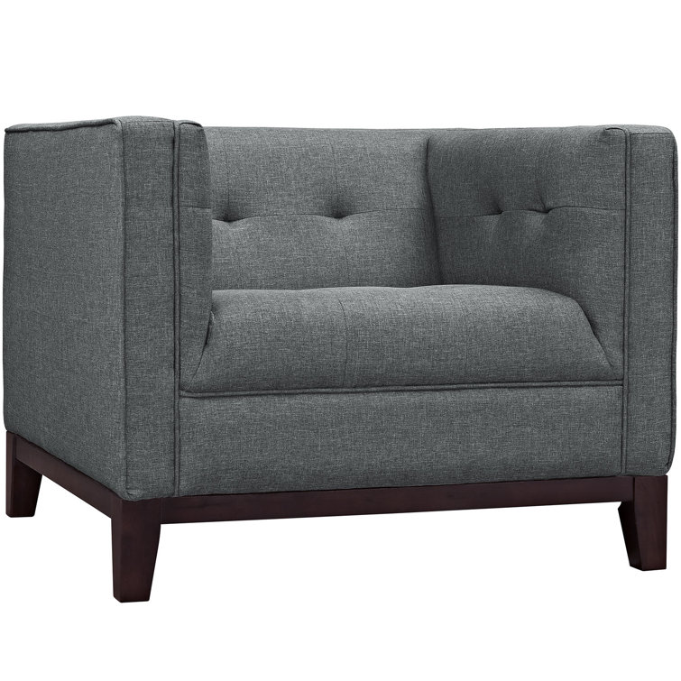 Gray Tufted Polyester Armchairs with Walnut Wood Legs, Set of 2