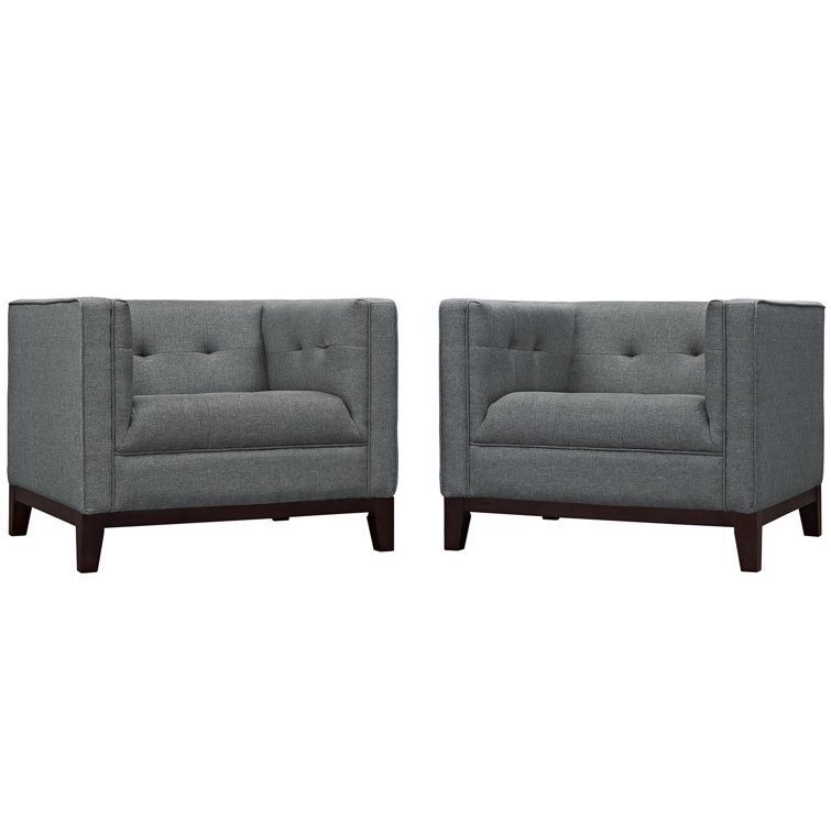 Gray Tufted Polyester Armchairs with Walnut Wood Legs, Set of 2