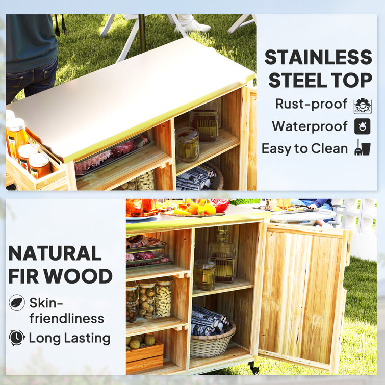 Natural Wood Outdoor Grill Cart with Stainless Steel Top and Storage Cabinet