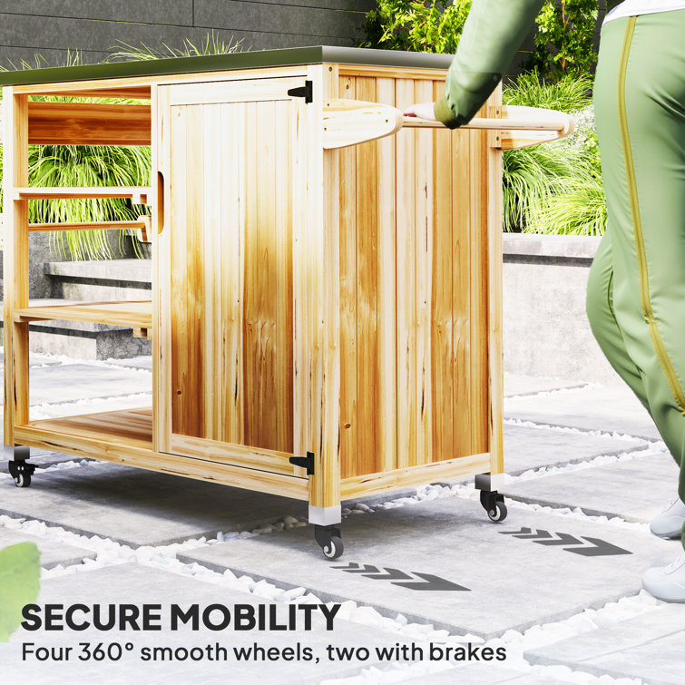 Natural Wood Outdoor Grill Cart with Stainless Steel Top and Storage Cabinet
