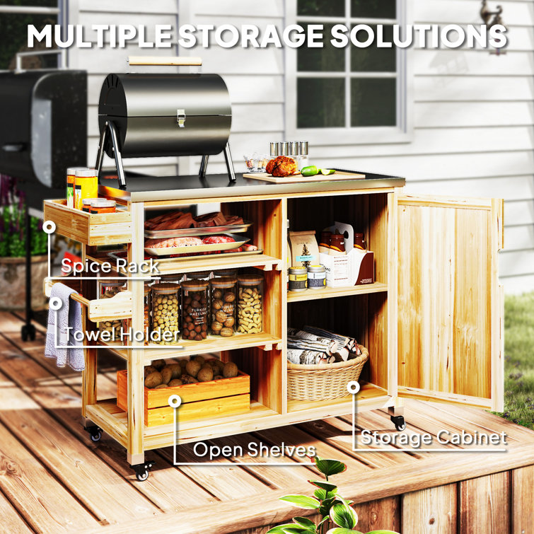 Natural Wood Outdoor Grill Cart with Stainless Steel Top and Storage Cabinet