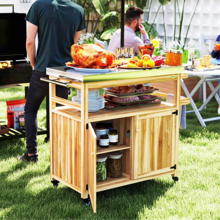 Natural Wood Outdoor Grill Cart with Stainless Steel Top and Storage