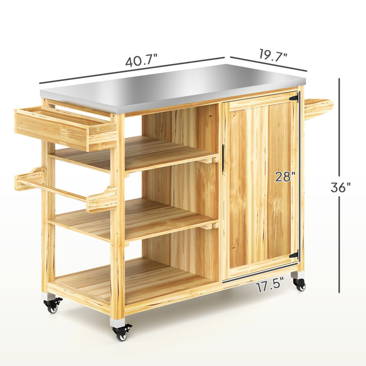 Natural Wood Outdoor Grill Cart with Stainless Steel Top and Storage Cabinet