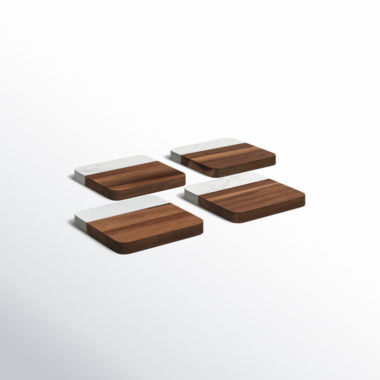 Modern Square Marble and Acacia Wood Coaster Set