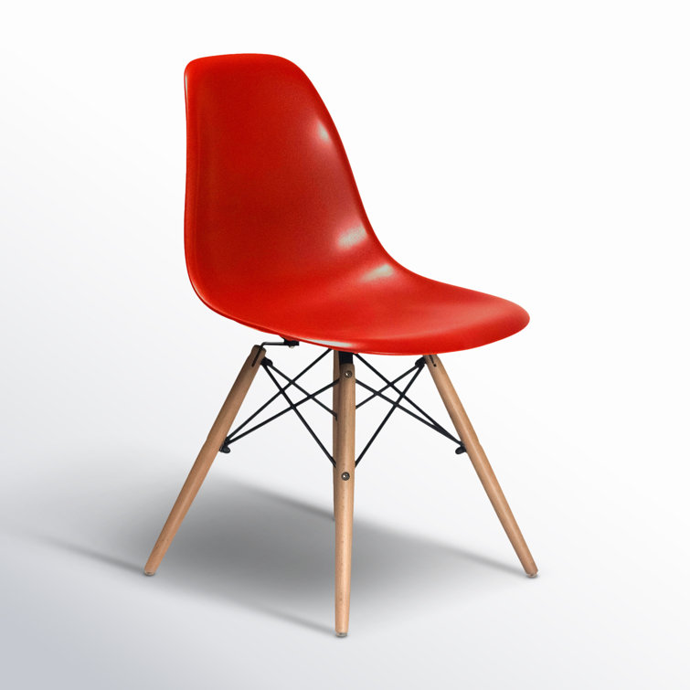 Red Plastic Bucket Seat Side Chair with Natural Wood Legs