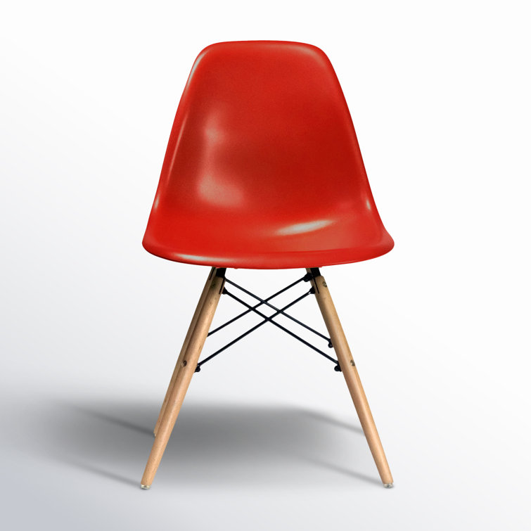 Red Plastic Bucket Seat Side Chair with Natural Wood Legs