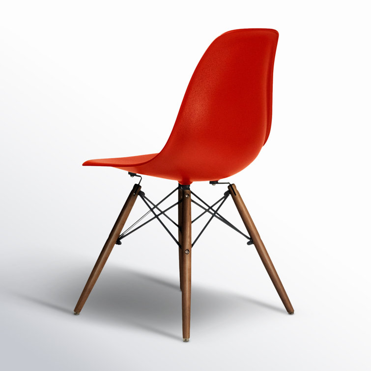 Red Plastic Bucket Seat Side Chair with Walnut Legs, Set of 2
