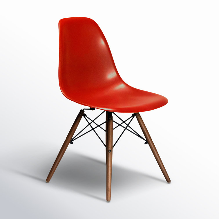 Red Plastic Bucket Seat Side Chair with Walnut Legs, Set of 2