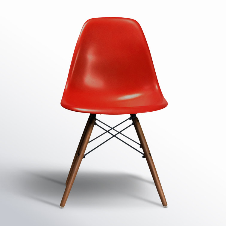 Red Plastic Bucket Seat Side Chair with Walnut Legs, Set of 2