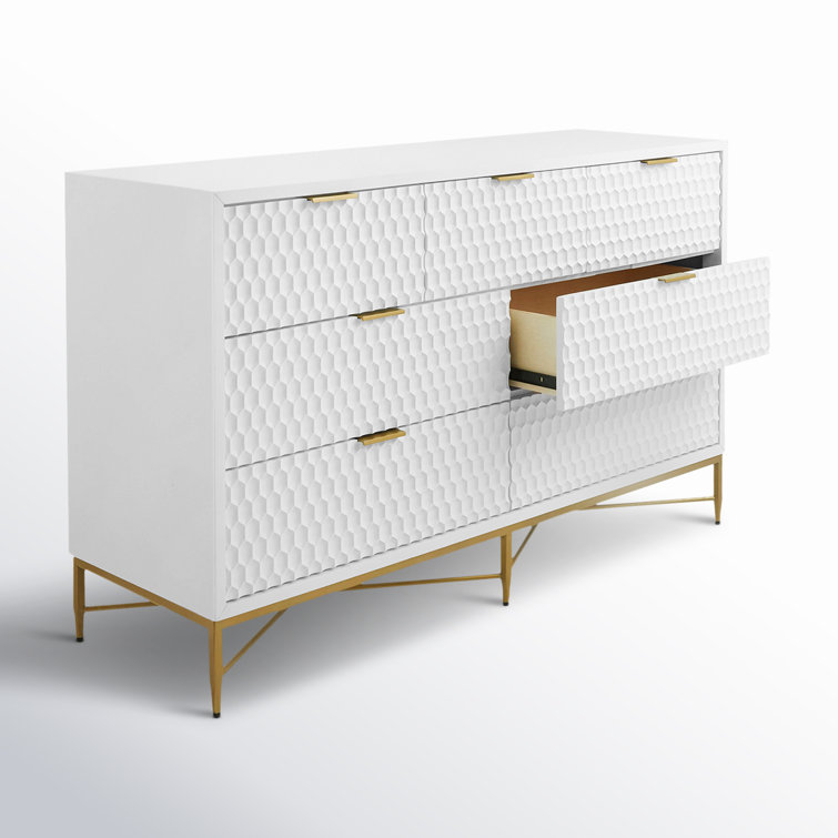 Transitional White Pearl 7-Drawer Dresser with Gold Accents