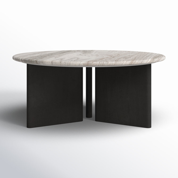 Modern Round Black Wood Coffee Table with Marble Top