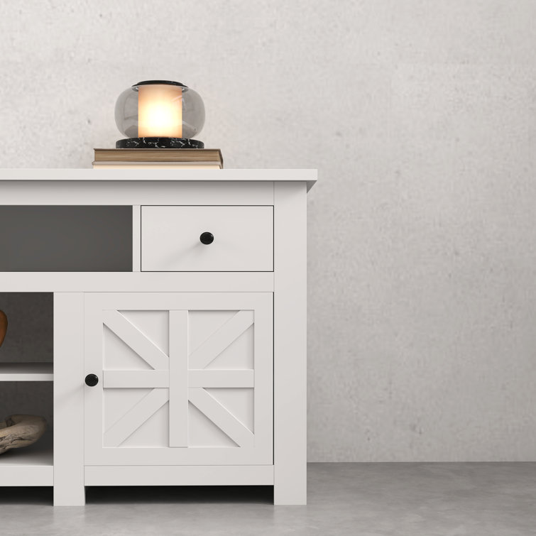 White Farmhouse TV Stand with Built-in Power Socket for 80'' Screens