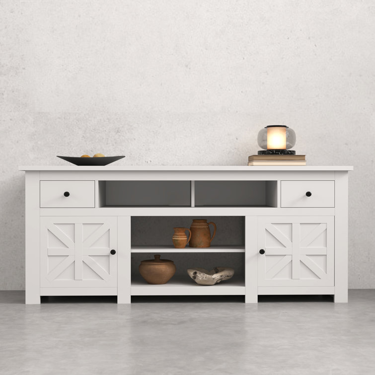 White Farmhouse TV Stand with Built-in Power Socket for 80'' Screens