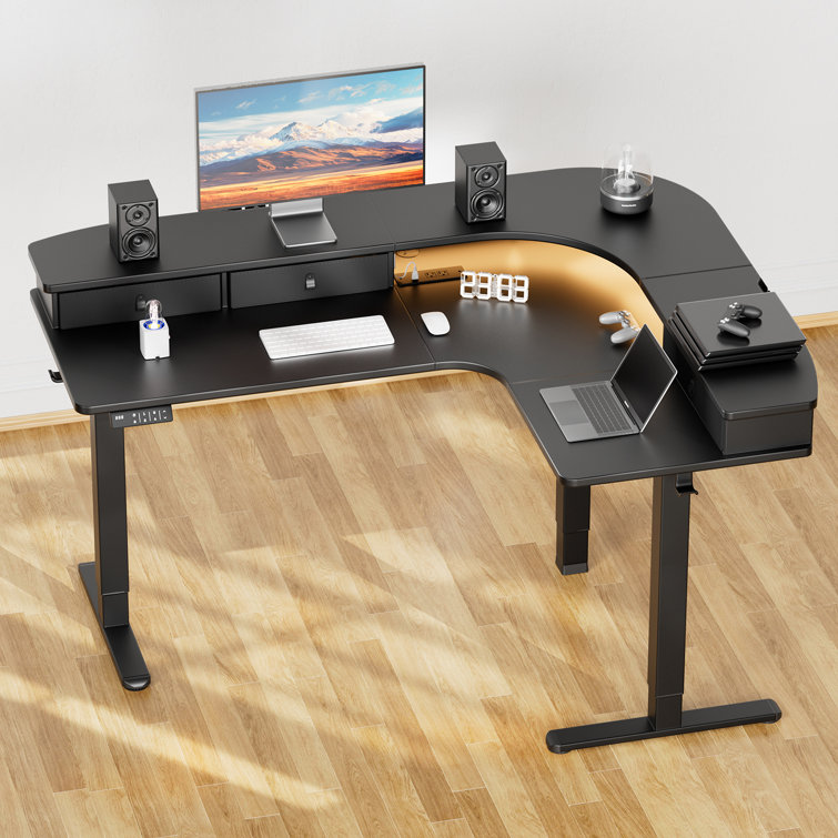 Black Adjustable Height L-Shaped Standing Desk with Drawers and Power Outlet