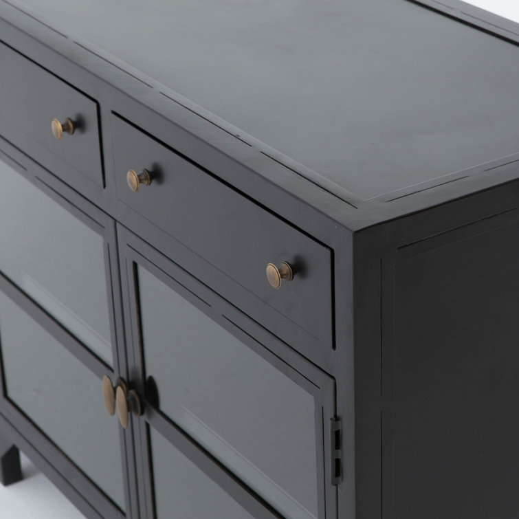 Malcom Shadow Box Design Black Iron Media Console with Glass Doors
