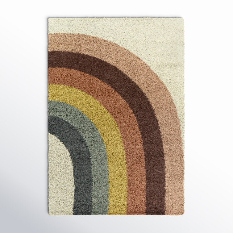 Rainbow Stripe Multicolor Shag Area Rug with Jute Backing
