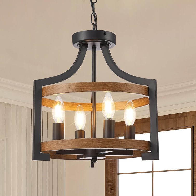 Black and Faux Wood Modern Farmhouse 4-Light Chandelier