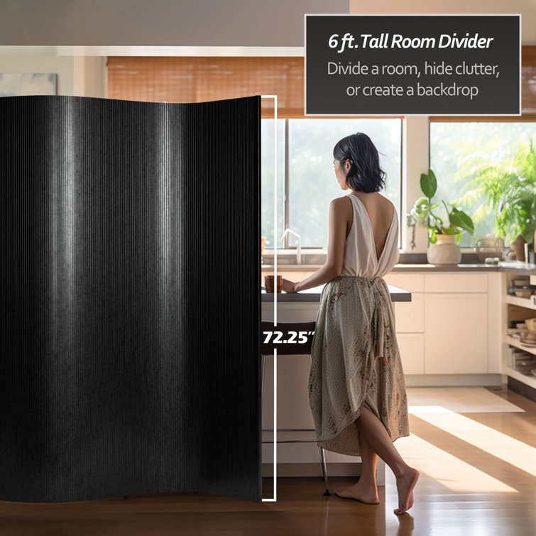 Black Painted Bamboo Wave Room Divider, 72.25" H x 98" W