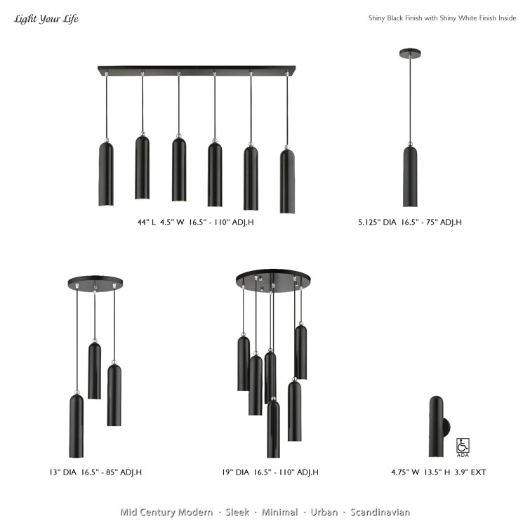 Shiny Black Metal Cylinder Pendant Light