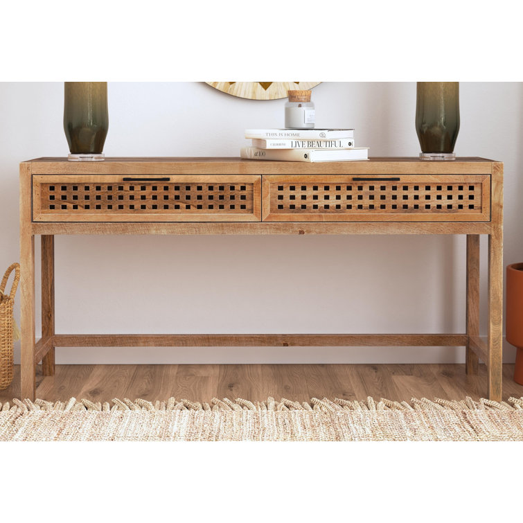 Coastal Charm 60'' Brown Mango Wood Console Table with Mirrored Fretwork