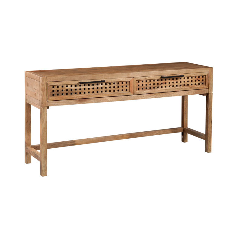 Coastal Charm 60'' Brown Mango Wood Console Table with Mirrored Fretwork