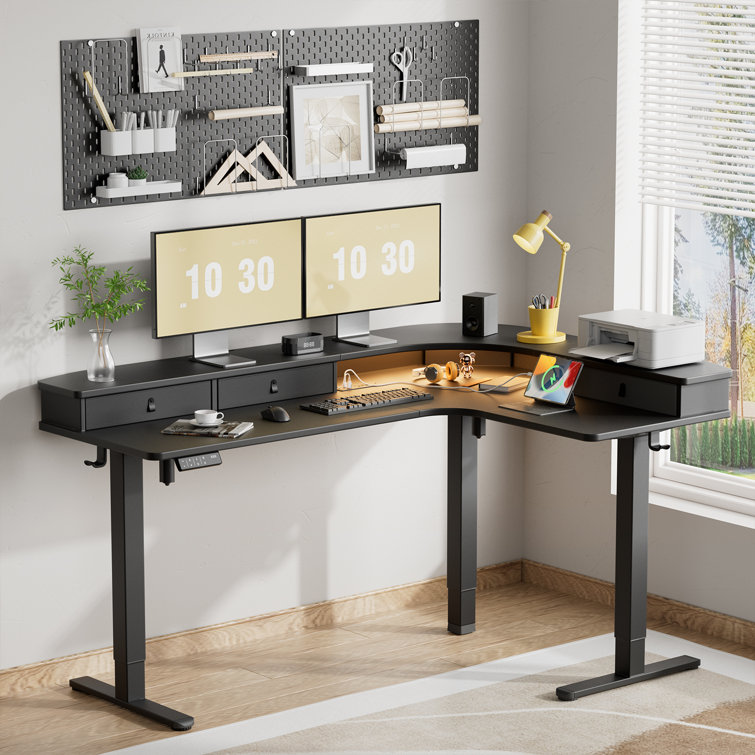 Black Adjustable Height L-Shaped Standing Desk with Drawers and Power Outlet