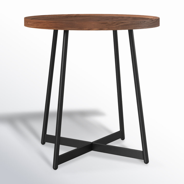 Walnut and Black Round Metal Cross Legs End Table