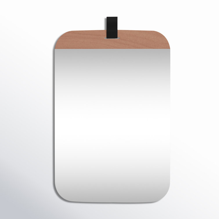 Modern Farmhouse Blonde Wood Rectangular Wall Mirror with Gold Leather Strap