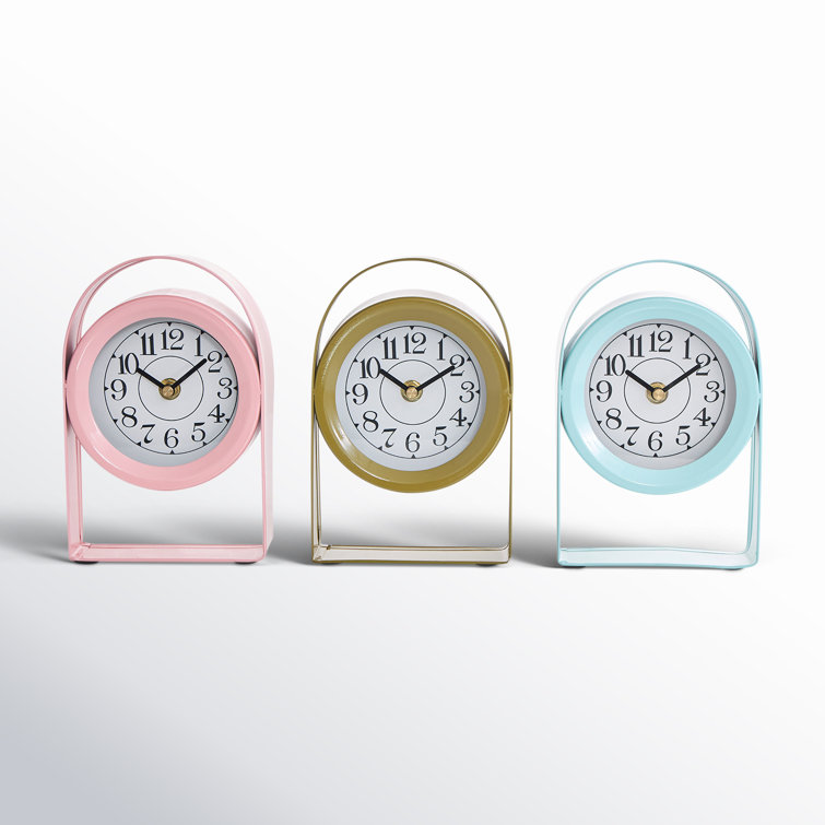 Set of 3 Multicolor Metal Analog Table Clocks with Arched Stands