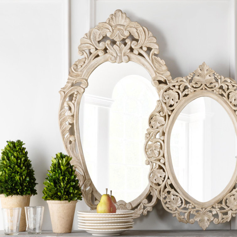 Hand Carved White Wood Oval Nursery Wall Mirror