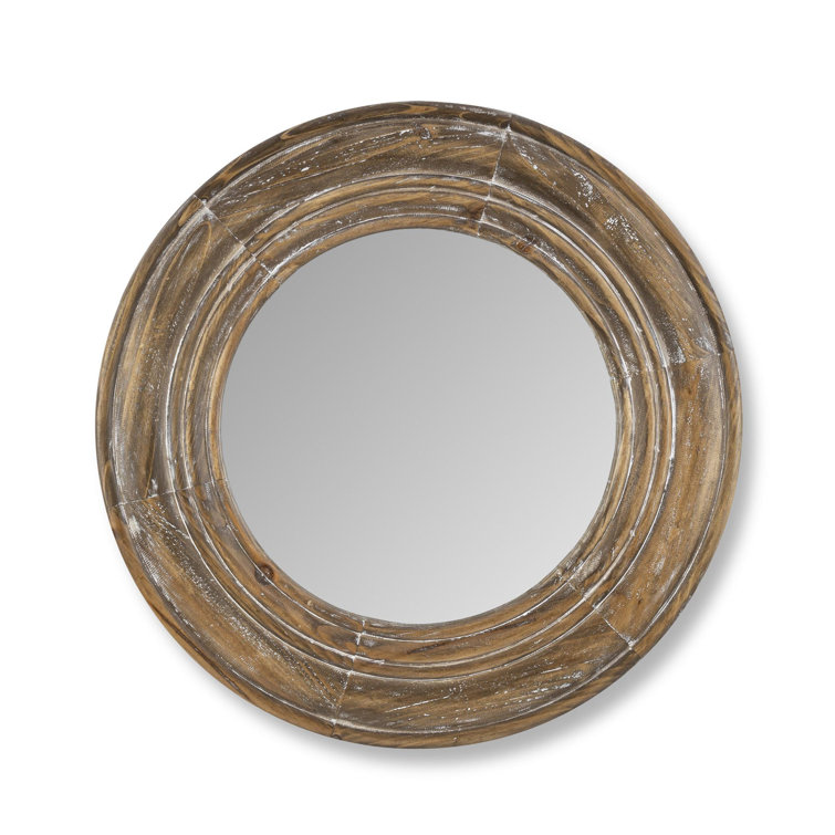 Classic Round Brown Distressed Wood Frame Mirror, 20"