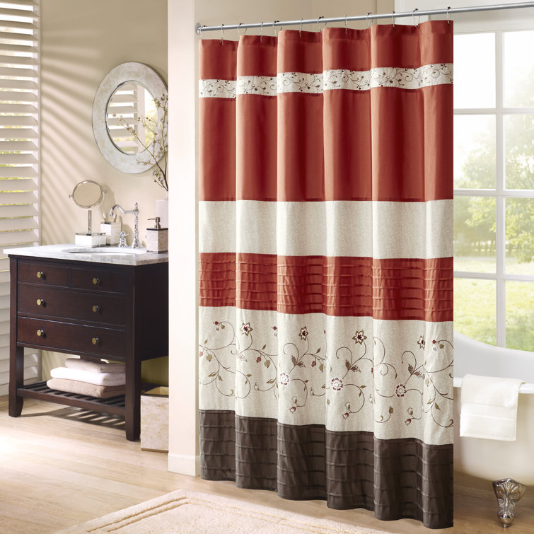Green and Beige Faux Silk Embroidered Floral Shower Curtain
