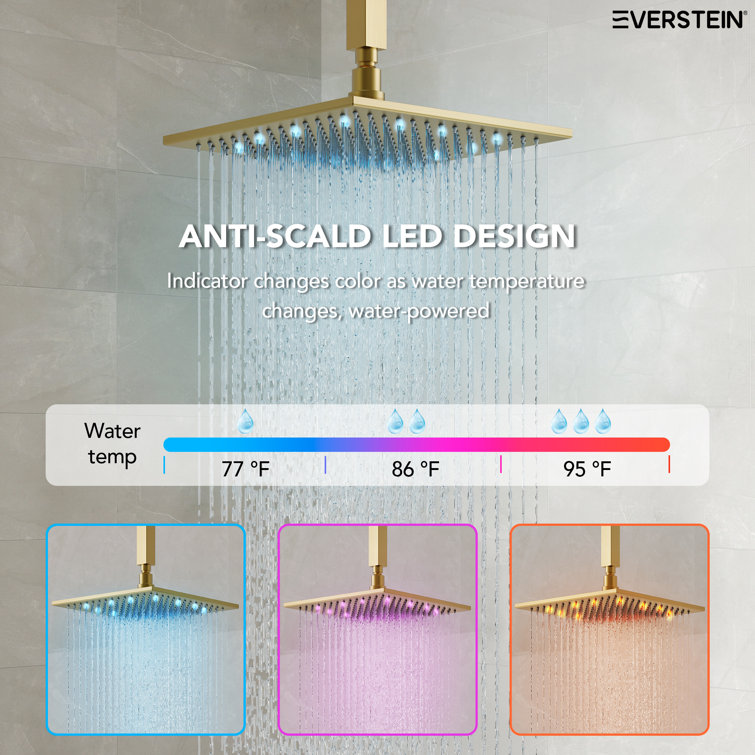 Brushed Gold 12" LED Ceiling Mounted Shower System with Digital Display