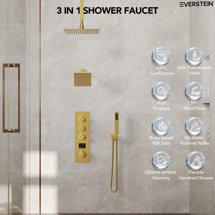 Brushed Gold 12" LED Ceiling Mounted Shower System with Digital Display