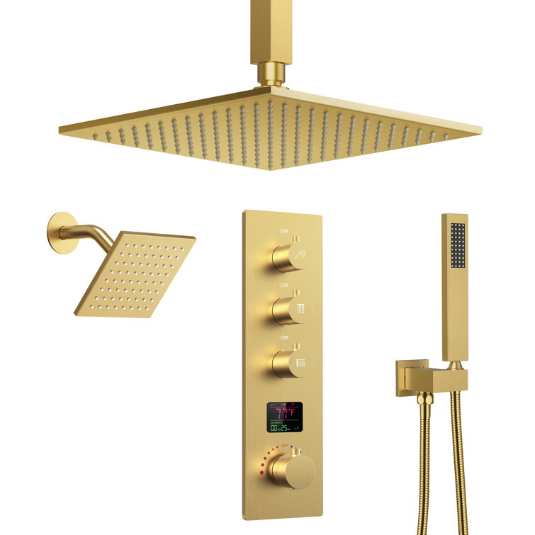 Brushed Gold 12" LED Ceiling Mounted Shower System with Digital Display