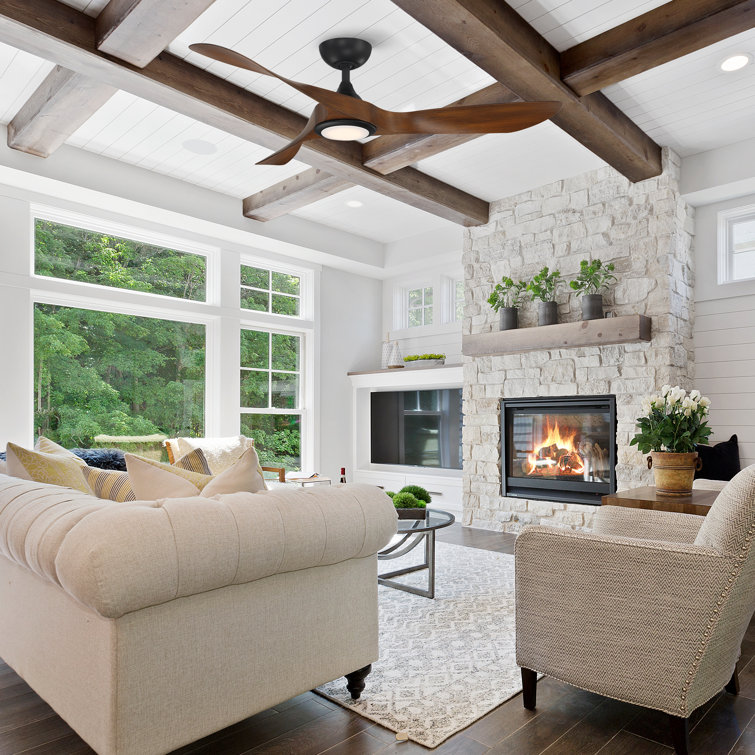 54" Matte Black and Distressed Koa Smart Ceiling Fan with LED Light