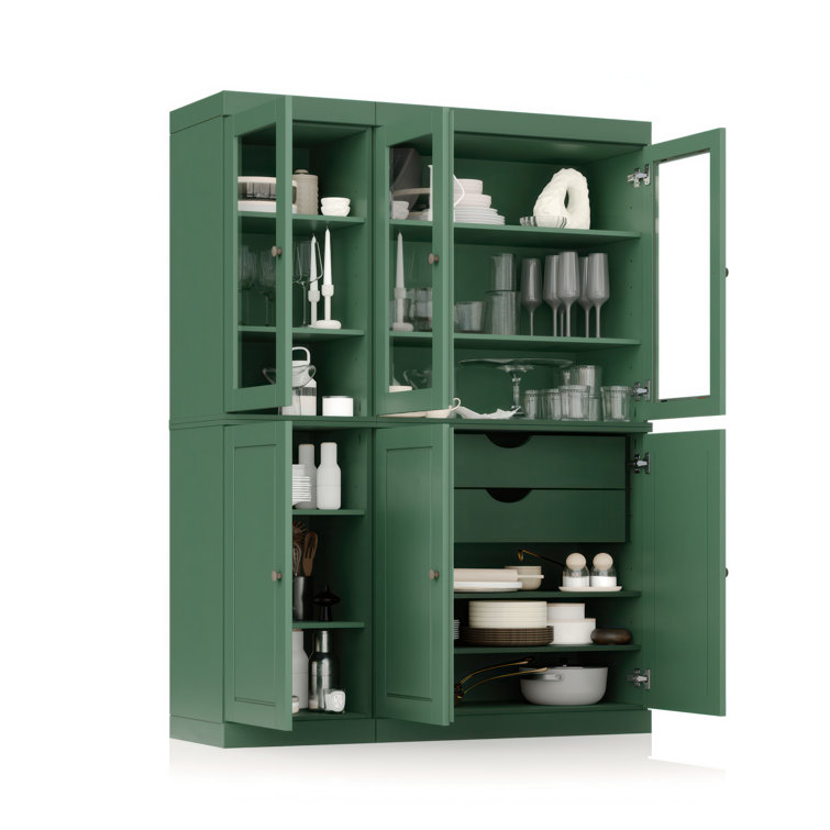Green Solid Wood China Cabinet with Clear Glass Doors and Adjustable Shelves
